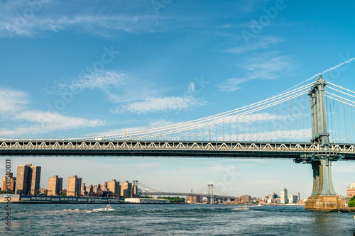 Brooklyn Bridge in New York City at sunset. Vivid splittoned image.