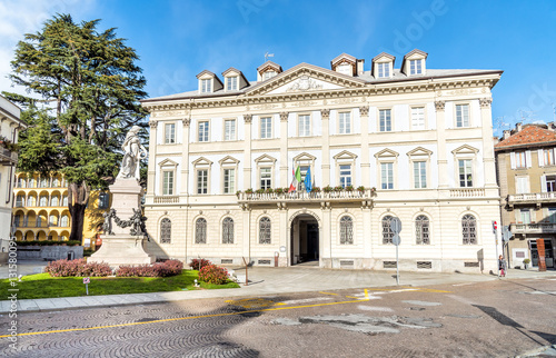 View of palace hosting the Town hall. Historic buildings in Domodossola, Verbano Cusio Ossola, Piedmont, Italy