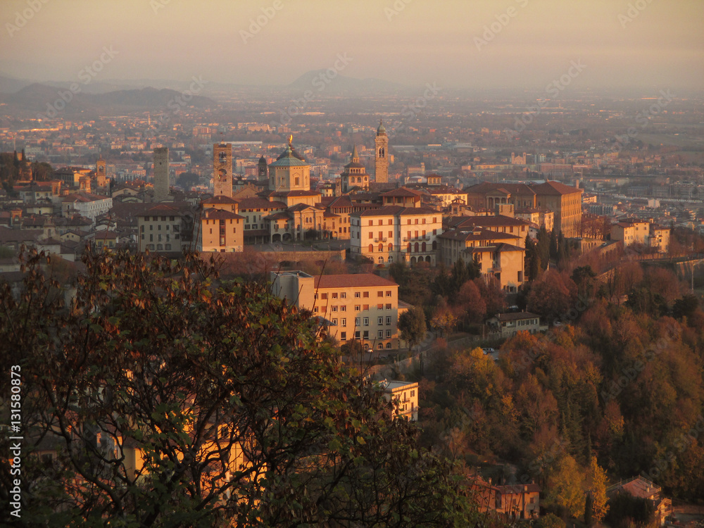 The lower town of Bergamo in the evening light, Bergamo of Northern Italy 