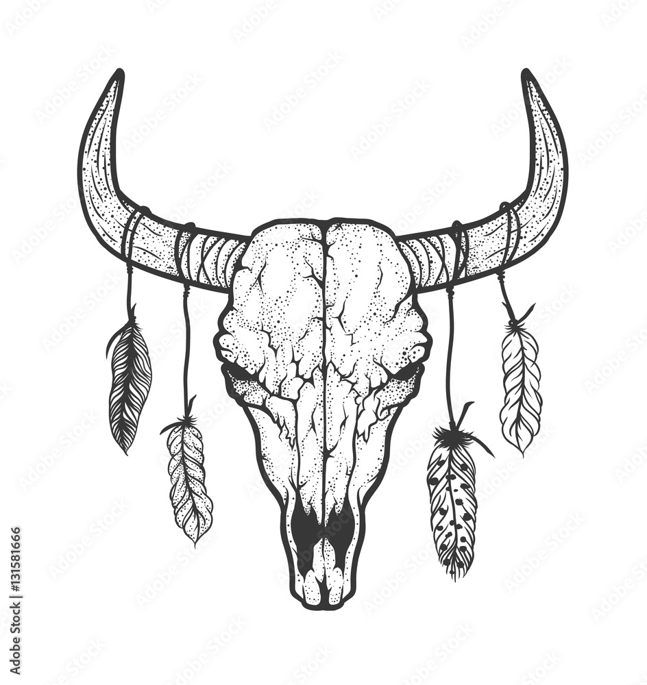 Native Bull Design Bull skull with feathers native Americans tribal style. Tattoo ...