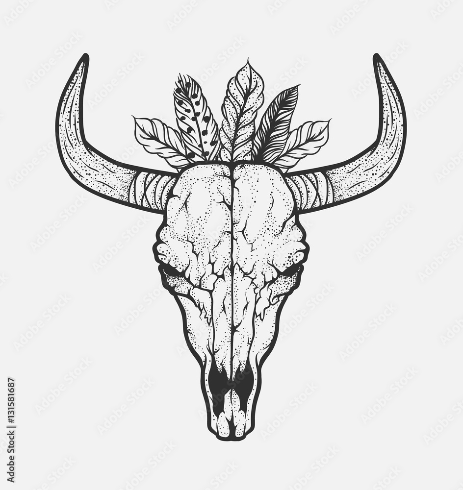 Bull skull with feathers native Americans tribal style. Tattoo blackwork.  Vector hand drawn illustration. Boho design Stock Vector | Adobe Stock