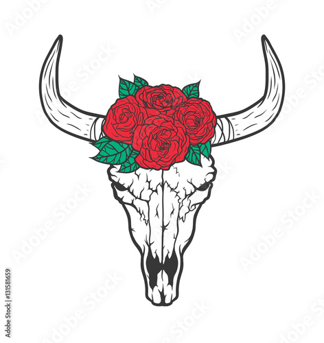 Bull skull with roses native Americans tribal style. Dotted Tattoo blackwork. Vector hand drawn illustration. Boho design