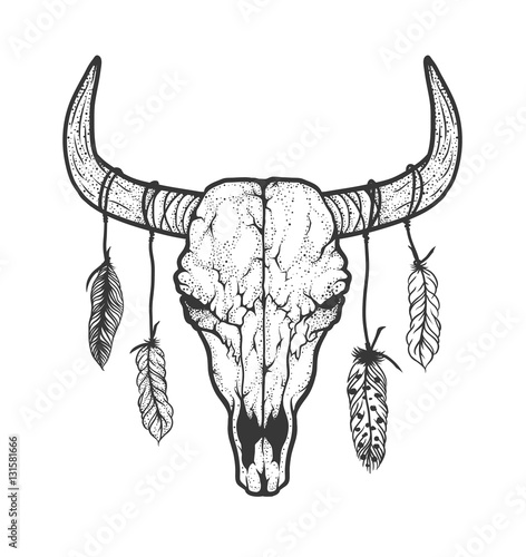 Bull skull with feathers native Americans tribal style. Tattoo blackwork. Vector hand drawn illustration. Boho design