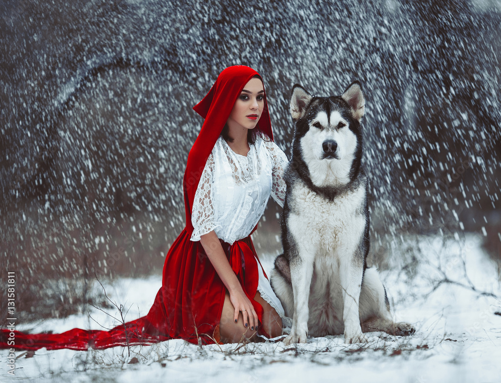 Girl in costume Little Red Riding Hood dog like a Stock Photo | Adobe Stock