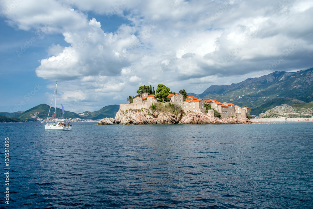 view from the sea to the island of Sveti Stefan in Montenegro 