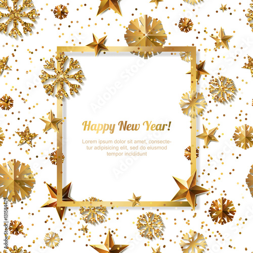 New Year concept. 3d gold stars and snowflakes with square frame on white background with place for text. Vector illustration. Design for for banner, flyer, party invitation, holiday greeting card.