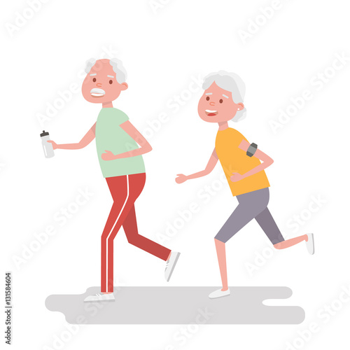 Senior people on scamper . Elderly woman run with armband for jogging. Adult people sport activities. Vector Illustration