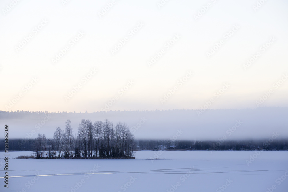 Foggy winter morning. Small island. Ice covered with snow. Foggy mountains in the background.