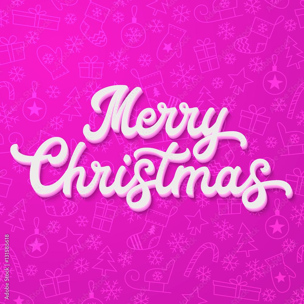White 3d Xmas lettering on purple Christmas background with sleighs, trees, balls, gifts. Xmas decoration for seasons greetings card design. Font vector illustration.