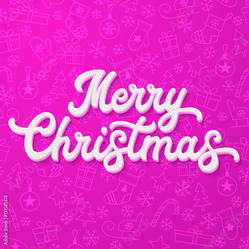 White 3d Xmas lettering on purple Christmas background with sleighs, trees, balls, gifts. Xmas decoration for seasons greetings card design. Font vector illustration.