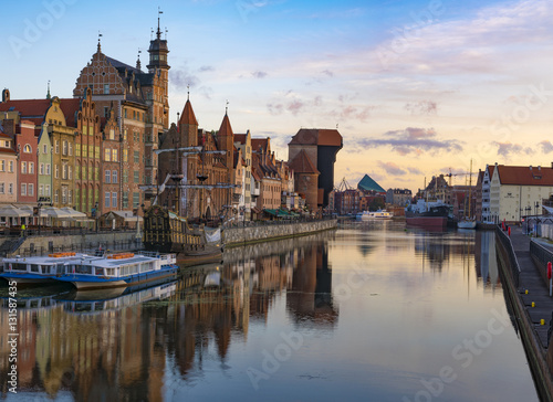 Colourful historic houses near Motlawa river in port of Gdansk 