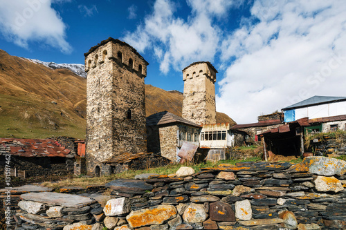 Traditional Svan Towers and machub house with flagstone in Ushguli village, Upper Svaneti, Georgia. Georgian landmark photo