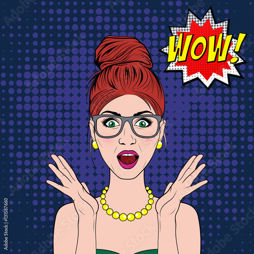 Vector surprised woman in the pop art comics style.
