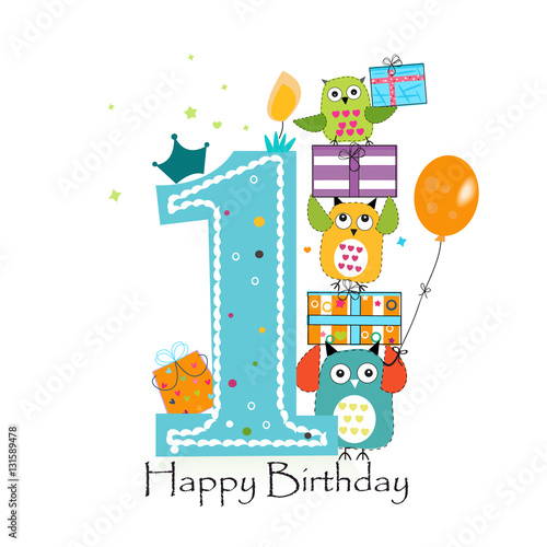 Happy first birthday with owls and gift box