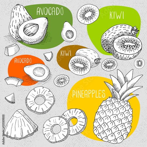 Set of chalk drawn on a blackboard food.