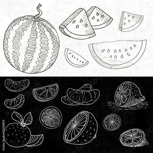 Set of chalk drawn on a blackboard food, spices.