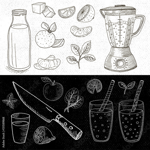 Set of chalk drawn on a blackboard food, spices.