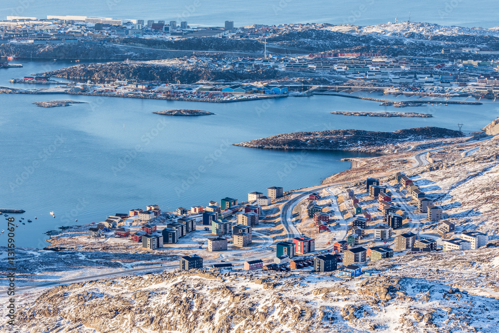 View from above to the streets and buildings of Nuuk, Greenland