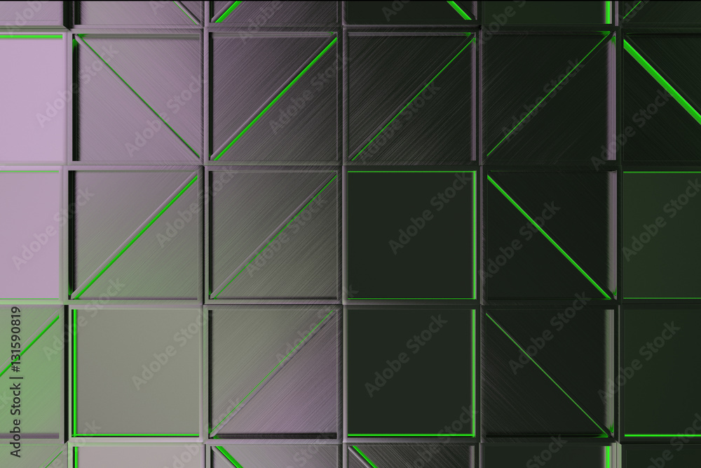 Wall of brushed metal tiles with diagonal glowing elements Wall of brushed metal tiles with diagonal glowing elements