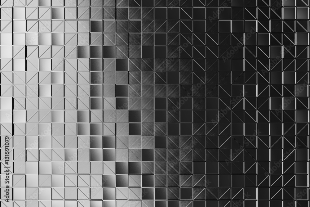 Wall of brushed metal tiles with diagonal glowing elements Wall of brushed metal tiles with diagonal glowing elements