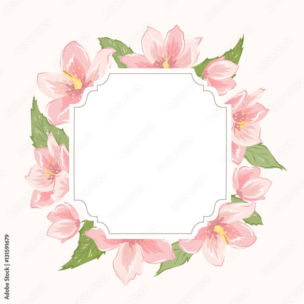 Floral wreath garland border frame. Hellebore sakura magnolia blooming pink flowers. Detailed vector design illustration. Christmas winter rose. Invitation card template.