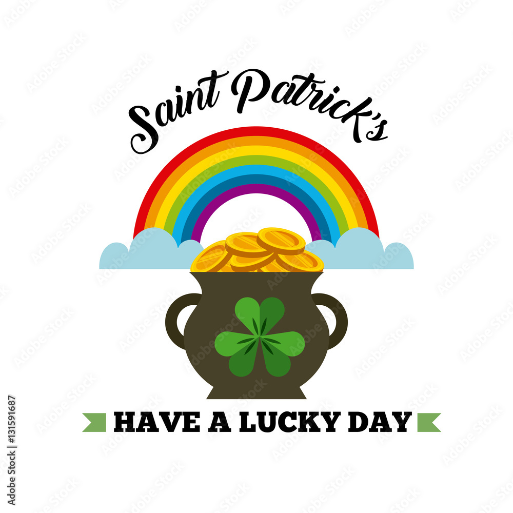 Fototapeta premium Saint Patrick's Day card with pot with gold coins and rainbow icon over white background. colorful design. vector illustration