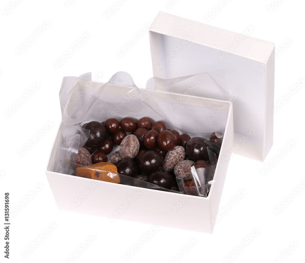 Box with chocolates isolated on white background