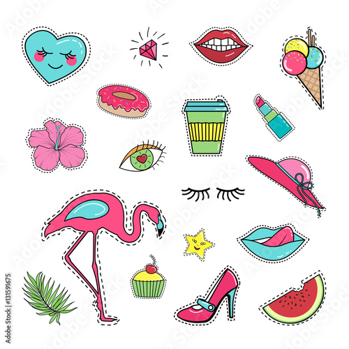 Fashion patch sticker badge collection set: lips, mouth, tongue, ice cream, donut, flower, coffee, cupcake, shoe, lipstick, flamingo, watermelon, star, hat, palm leaves. Isolated on white background.