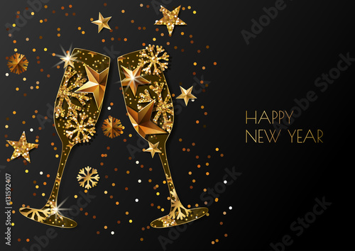 Happy New Year vector greeting card with two gold champagne glass. Holiday glowing black background with golden stars and snowflakes. Concept for New Year banner, poster, flyer, party invitation.