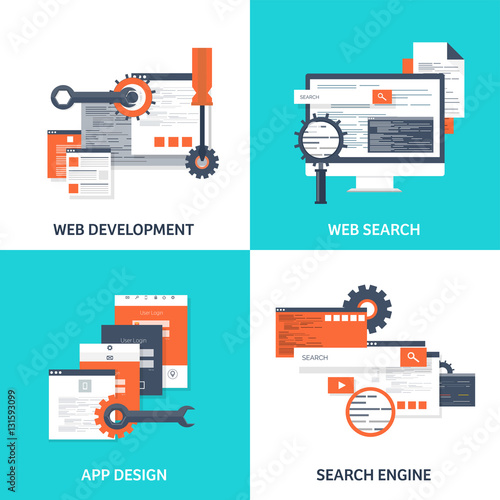 Vector illustration. Flat background. Coding, programming. SEO. Search engine optimization. App development, creation. Software, program code. Web design.