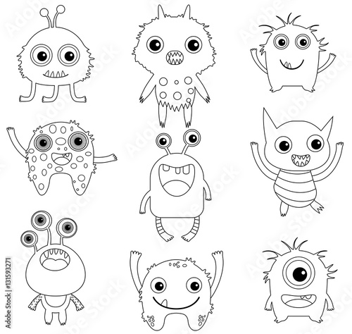 A collection of funny and cute vector monsters or aliens -  black outlines