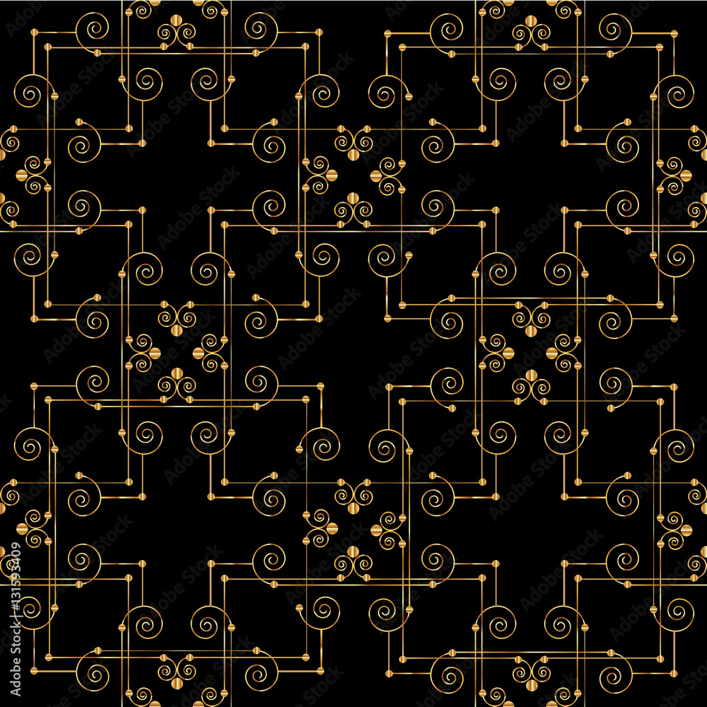 Golden grid on black background seamless pattern