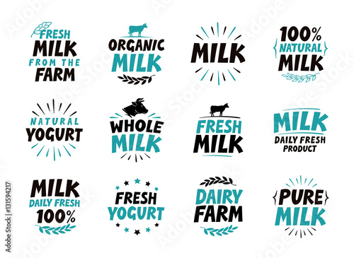 Milk set icons. Food, drink symbol. Text vector illustration