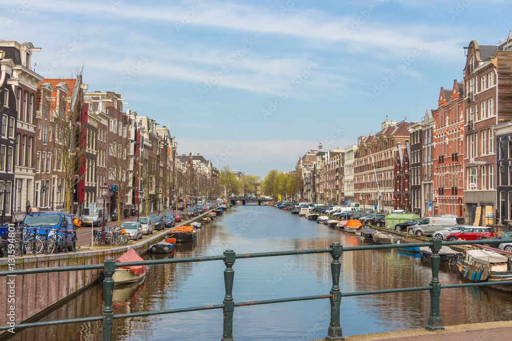 View from bridge to canal in Amsterdam, Netherlands
