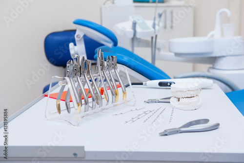 Close up Orthodontist Dental set of clamps and pliers and other tools on the working table surface