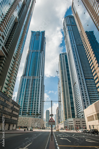 Photography Dubai Marina Skyline Under the fog in Dubai, United Arab Emirates, skyscrapers u