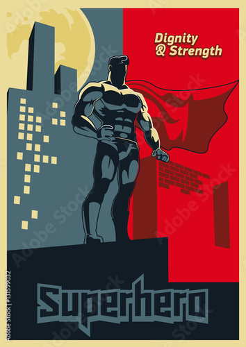 Superhero looks into the distance. Blue and red graphic poster.