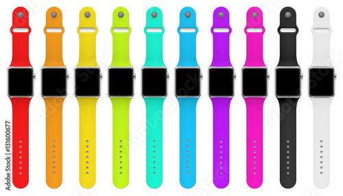 Silver watches with different color stripes. Template, mockup.