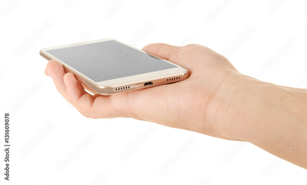 Hand holding smart phone on white background