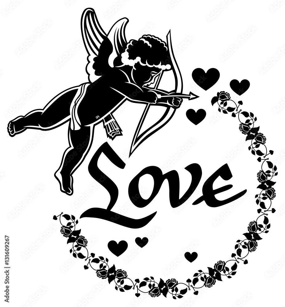 Cupid with bow hunting for hearts. Black and white label with Cupid