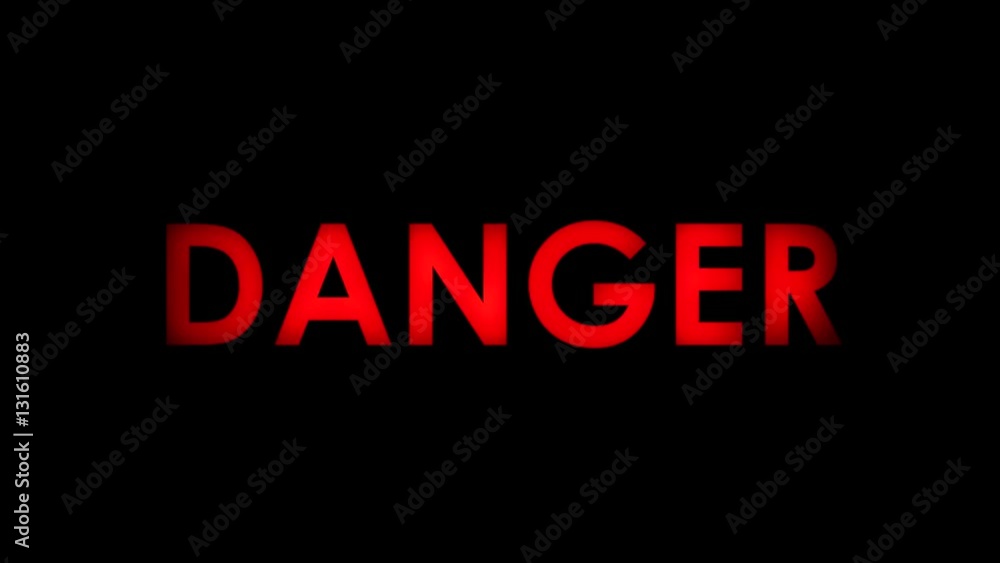 Danger - Red flashing warning message text on black background. Two speeds. Seamlessly loopable. 4K.
