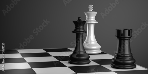 Chess Board with King, Queen and Rook in Checkmate.
