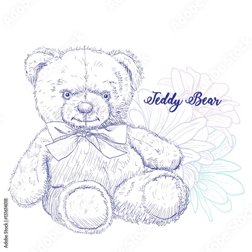 Teddy bear - soft toy, great gift for a child. Teddy bear sits on a background of flowers. The neck bears tied the bow. Vector illustration. Pencil sketch. Template for creating greeting cards.
