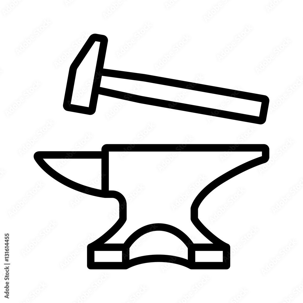 Vettoriale Stock Blacksmith Crafting Anvil With Hammer Line Art Icon For Games And Websites