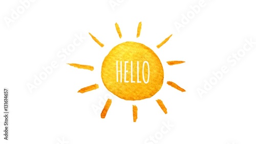 Cute cartoon sun painted in watercolor. Say hello. Seamless loop animation. Hand drawn illustration on transparent background. PNG plus Alpha channel. In 4K ultra HD resolution.