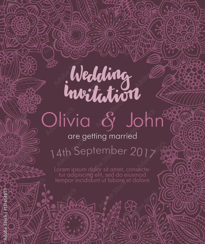 Wedding invitation with hand drawn flowers, leaves and branches