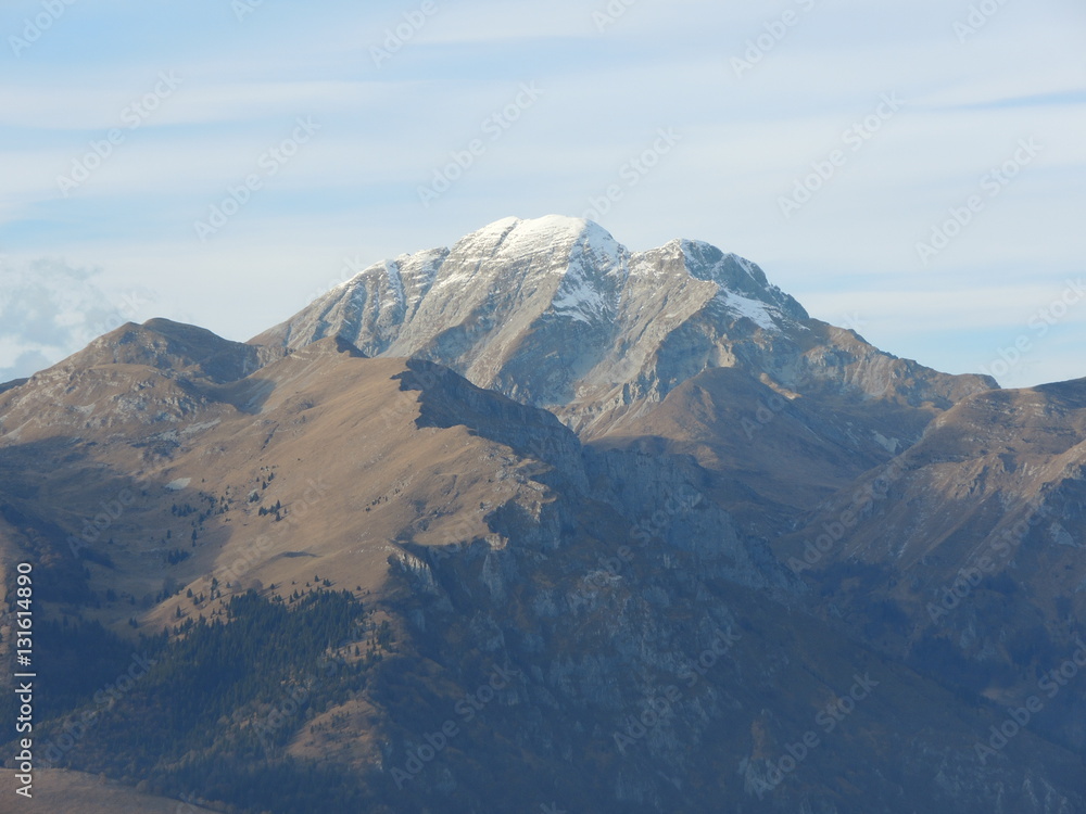 Great landscape on the Orobie Alps in fall season. View of the highest mountains including Arera. Panorama from Farno Mountain, Seriana Valley, Bergamo, Italy. 
