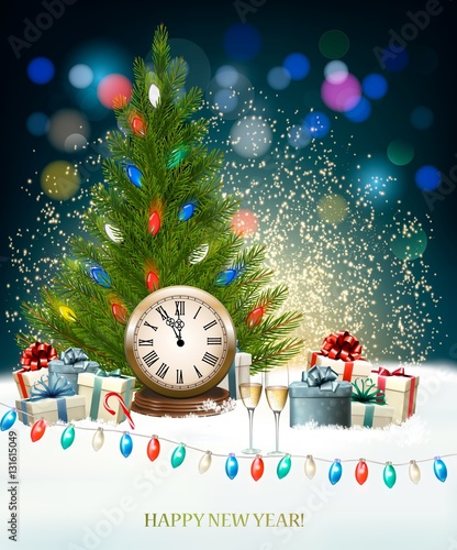 Holiday New Year's background with a Christmas tree, clock and f