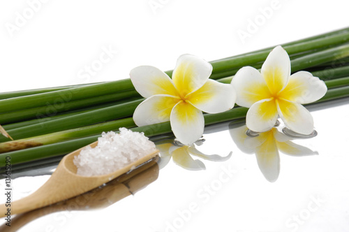 Fototapeta Naklejka Na Ścianę i Meble -  Two frangipani with bamboo grove, salt in spoon 

