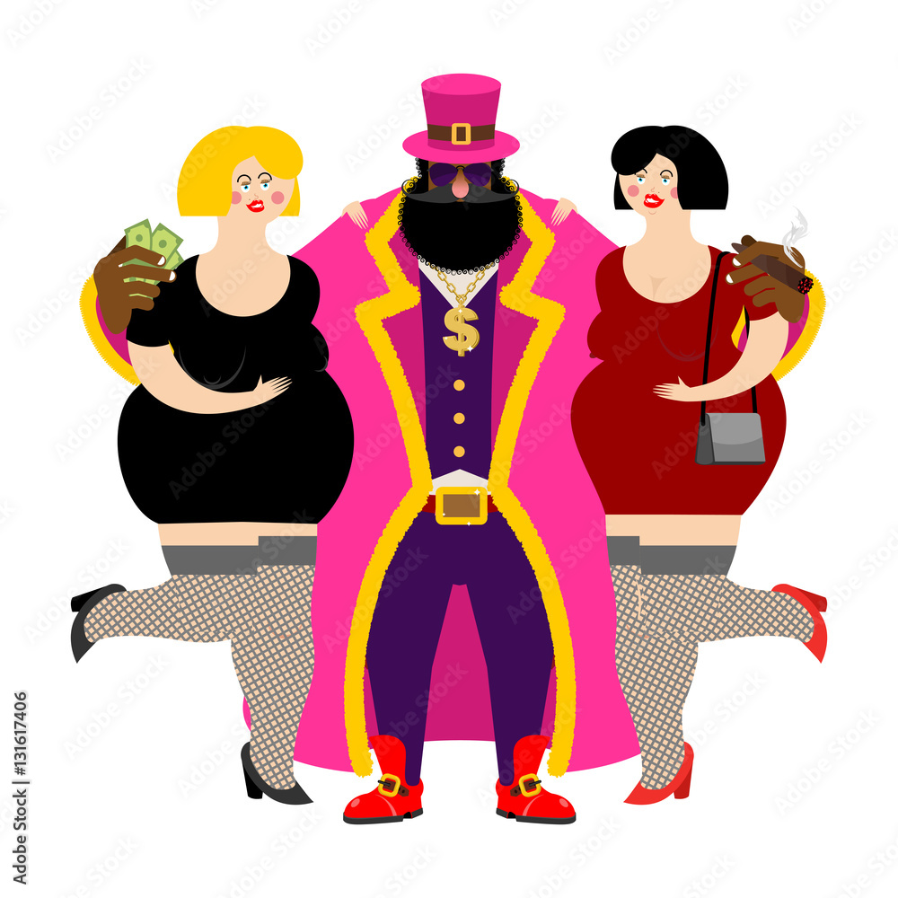 Pimp and prostitutes. Bright clothing and cigar. Gold dollar cha Stock ...